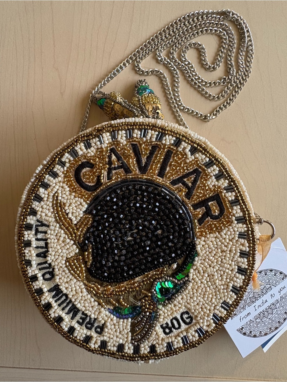 Caviar Beaded Round Crossbody Bag in Gold & Black